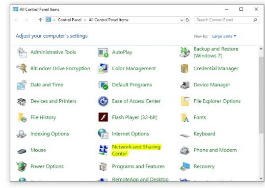 click on the Network and Sharing Center
