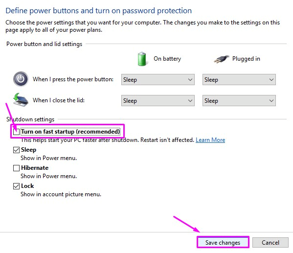 Define power buttons and turn on password protection