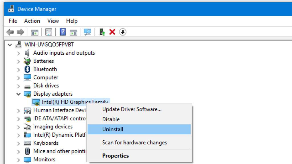 Choose the Uninstall device option from the drop-down menu