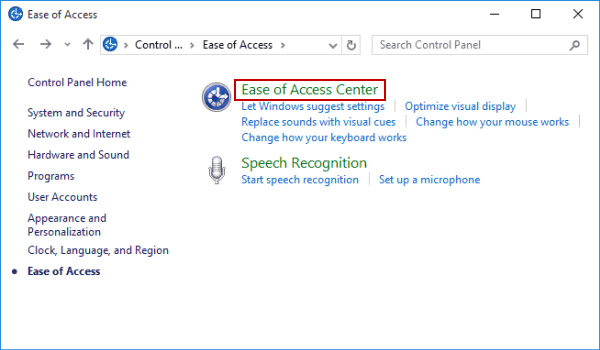 Click on the Ease of Access Center