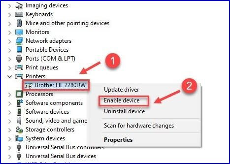 Right-click on the Brother HL 2280DW and now select the Enable device option