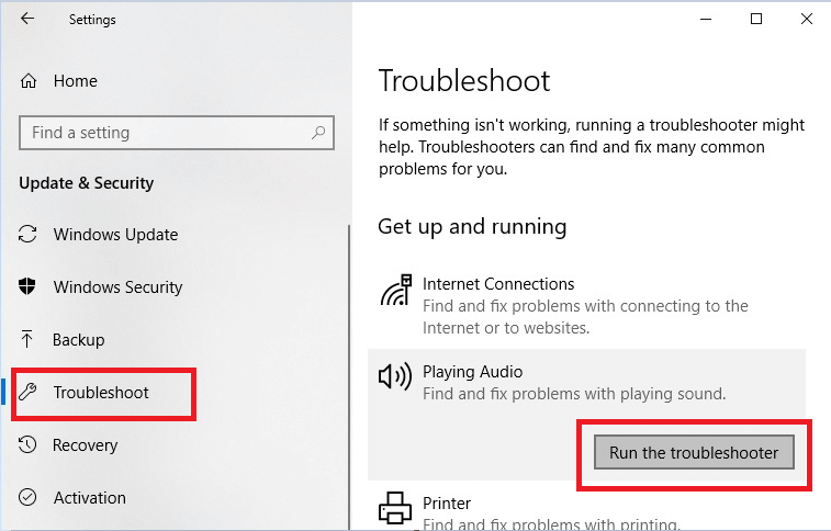  Click the Playing Audio-Run the troubleshooter