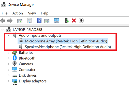 Audio Inputs and outputs device list