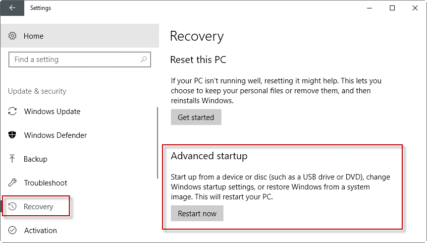 Advanced startup settings