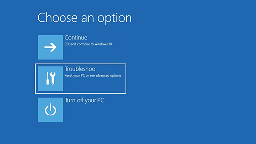 Select Troubleshoot from the Choose an option screen
