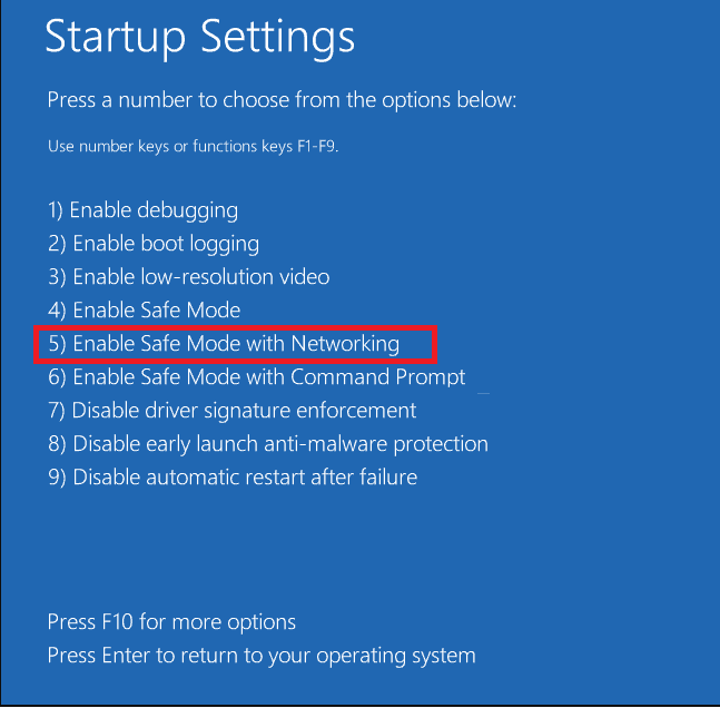 Choose Enable Safe Mode with Networking to fix Blue Screen of Death error