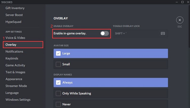 Turn off enable in-game overlay from discord setting