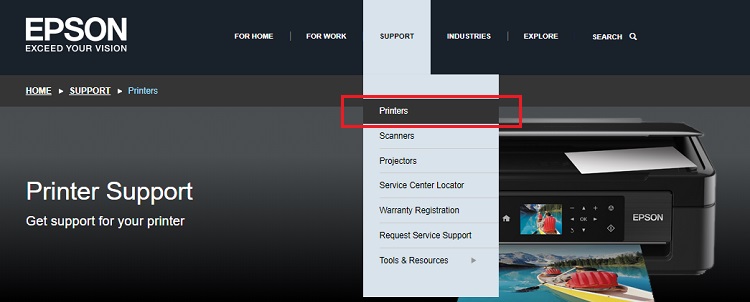 Select Printer Option from Support Menu in Epson Official Site
