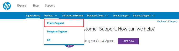 Choose printer support from HP official site