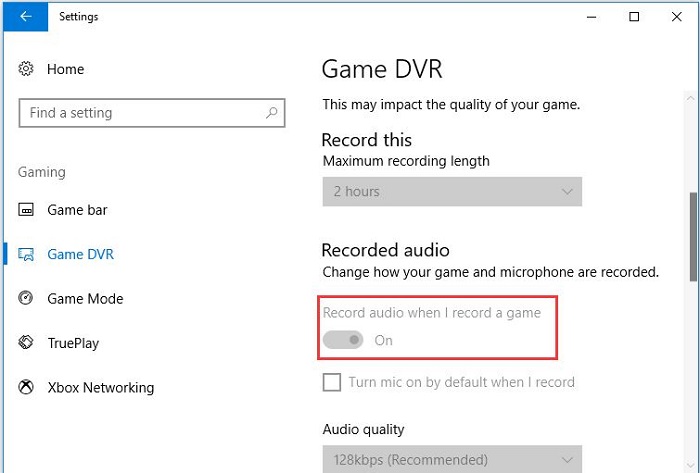 turn off record audio when I record a game