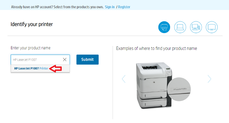 type product HP lasterJet P1007 printer