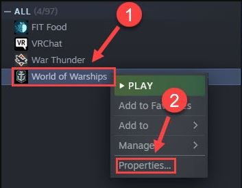 right-click on the World of Warships and click on Properties