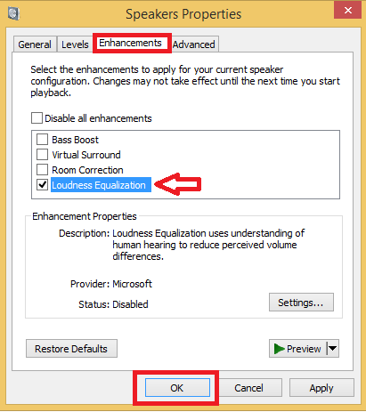 check box of loudness equalization in Enhancements Tab