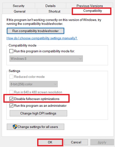 Disable Fullscreen Optimizations in Compatibility Tab