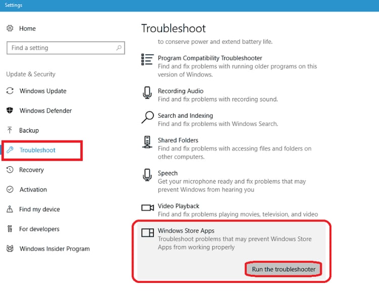 Run the Troubleshooter for Windows Store Apps