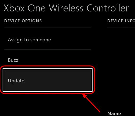 choose the Update option for xbox one controller setting
