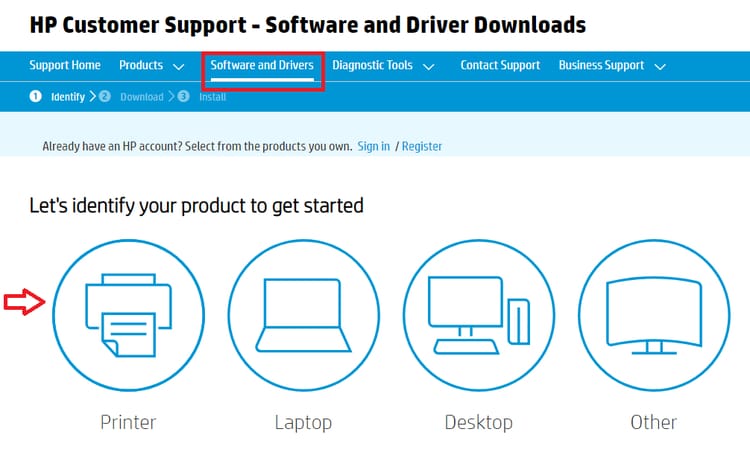 Select Printer from HP Customer Support Software & Driver Menu