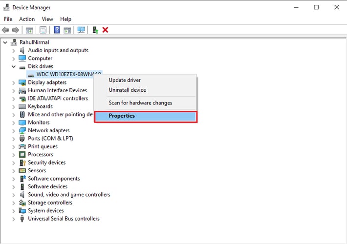 right click on disk drive and click on properties