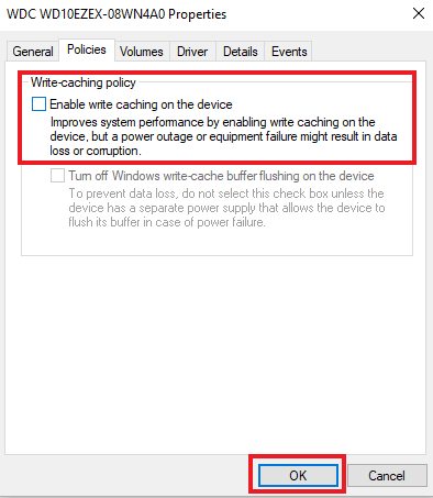 uncheck Enable Write Caching on the Device feature