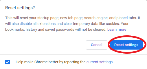 reset settings of google chrome