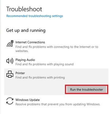 run the troubleshooter for printer