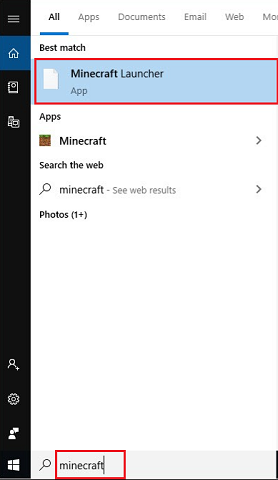 type minecraft in start menu search box