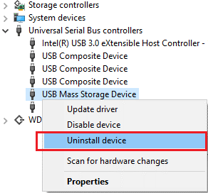 USB Mass Storage Driver Uninstall Device