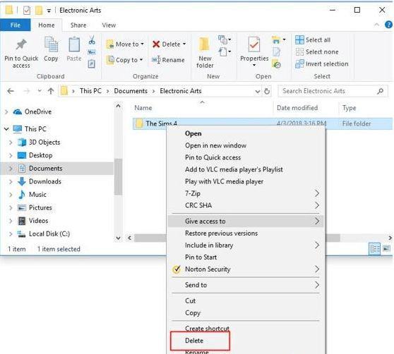 delete sims 4 folder