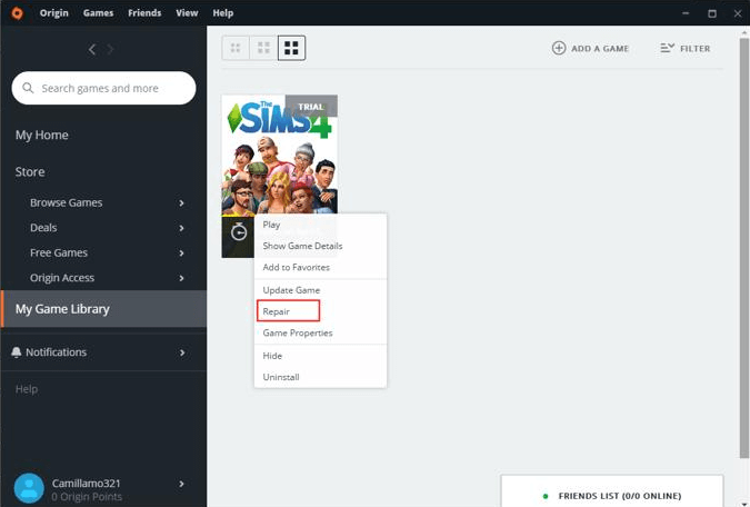 repair sims 4 game by right click