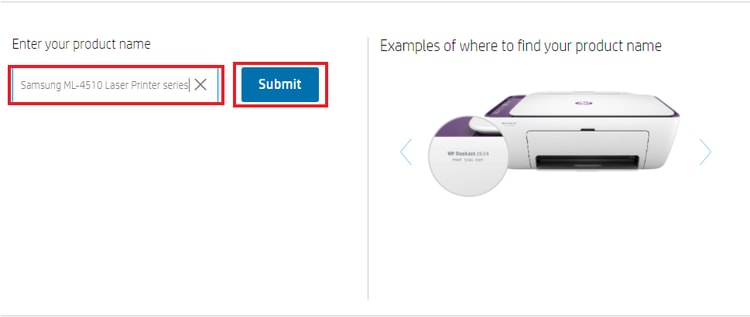 enter your printer name or model number and submit