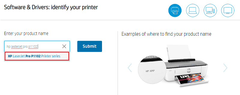 type hp laserjet pro p1102 printer driver in search box