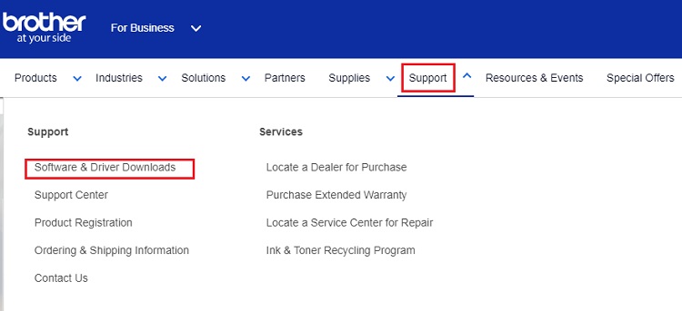 Software & Driver Downloads from brother support menu