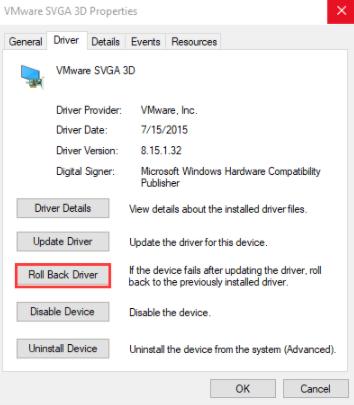 click on the Roll Back Driver option