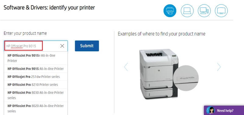 Type HP OfficeJet Pro 9015 in Search Box