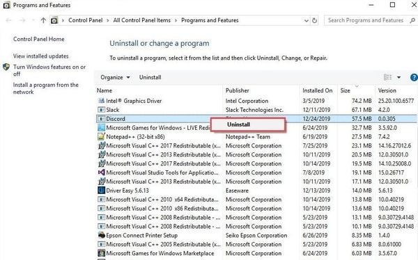 right-click on Discord and choose Uninstall