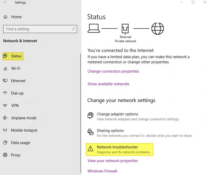 click on the Network Troubleshooter option