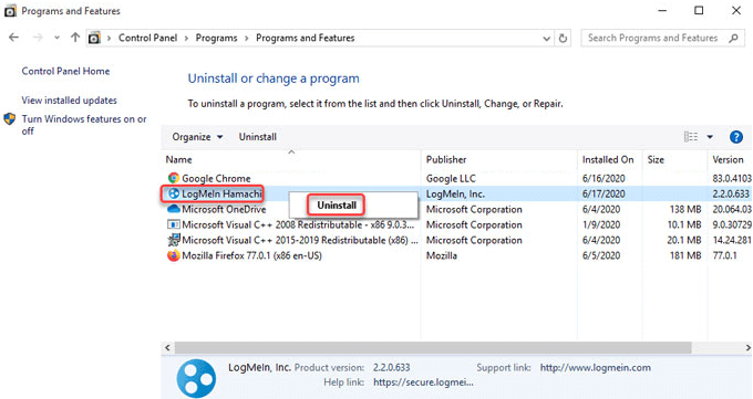 Uninstall LogMeIn Hamachi