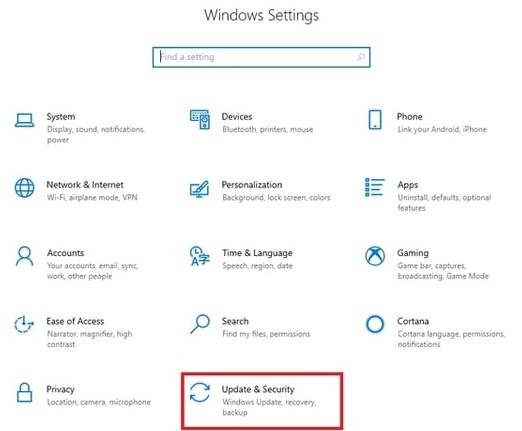 Update & Security Option in Windows Settings