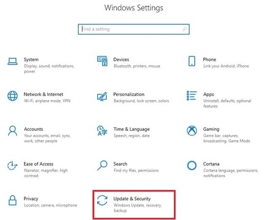 Choose the Update & Security option