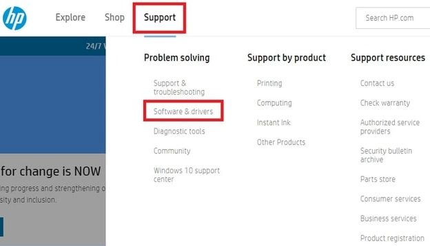 Software & Drivers from Support Menu of HP site