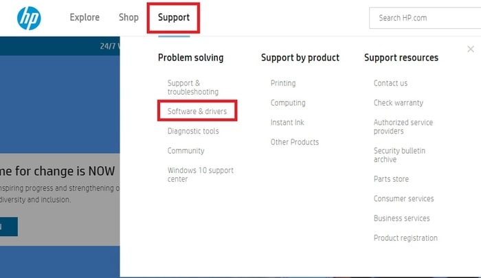 Software & Drivers from Support Menu of HP site