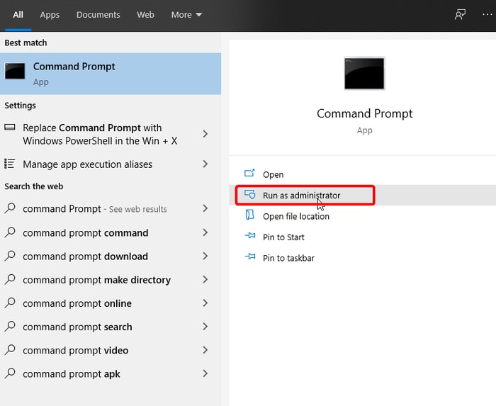 Input Command Prompt Click Run as Administrator