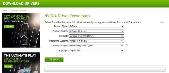 Search GTX 1650 SUPER Drivers 