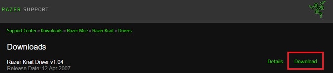 Click on the Download Button for Razer Driver