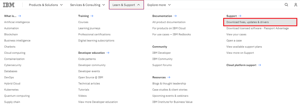 Download fixes, updates & drivers from Learn & Support Menu of IBM Site