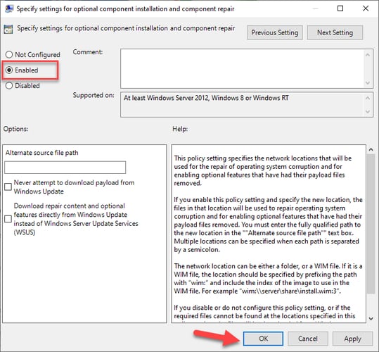 Enable Specify settings for optional component installation and component repair
