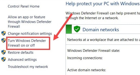 Choose Turn Windows Defender Firewall on or off Option