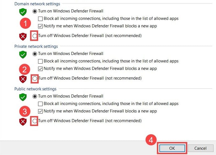 Turn Off Windows Defender Firewall (Not Recommended)