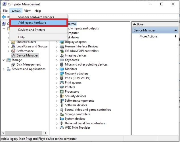 Select Add legacy Hardware in Action Tab of Computer Management