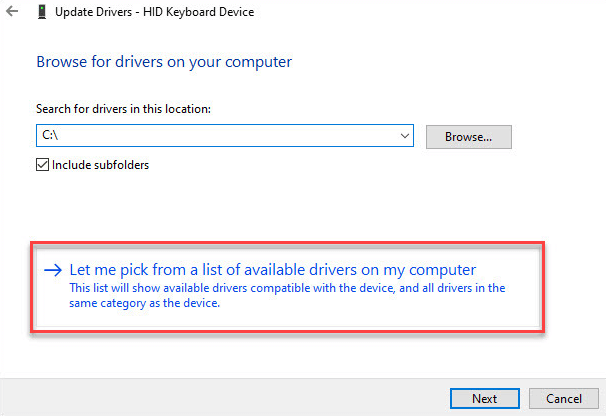 Let me pick from a list of available drivers on my computer